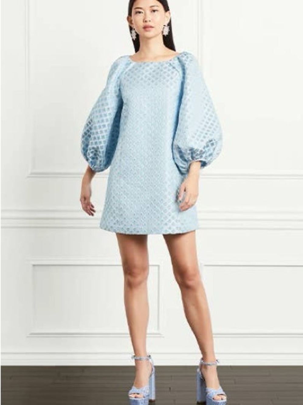 Hill House The Araminta Dress Blue White Snowflake Brocade Puff Sleeve Sz S